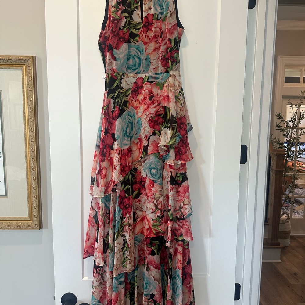 Tahari Pink and Blue Ruffled Halter Maxi Dress